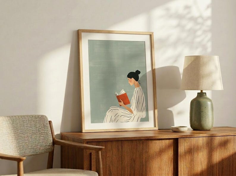 Sage Green Digital Minimalist Woman Reading Art Print Modern Calm Wall Decor