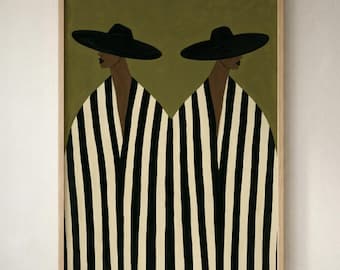 Arte murale afrocentrica Due figure Cappelli neri Abiti a righe Stampabile Minimalista Moderno Pittura Download digitale Decorazione neutra 608