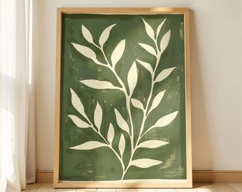 Stampa su linoleum di un ramo botanico astratto verde salvia, arte moderna organica con foglie, decorazione murale minimalista con piante, download digitale stampabile 275