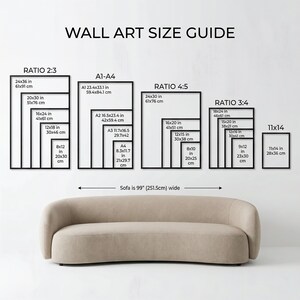 May include: A wall art size guide with black framed rectangles illustrating different aspect ratios and sizes in inches and centimeters. The text "WALL ART SIZE GUIDE" is at the top. A beige sofa, 99 inches (251.5cm) wide, is at the bottom.