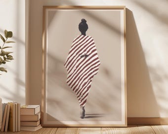 Stampa minimalista di donna, figura a righe neutre da appendere al muro, ritratto moderno beige, decorazione femminile contemporanea stampabile, download digitale