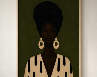 Printable Afrocentric Portrait Black Woman Head Wrap Wall Art, Minimalist Serene Figure, Olive Green Modern Decor, Digital Download 499