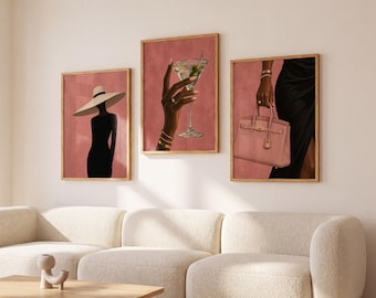 Set di 3 quadri trittici afrocentrici da parete, stampe di moda con donne nere, decorazioni femminili di lusso, parete galleria rosa, download digitale