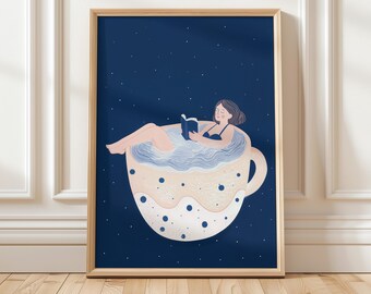 Stampa artistica a tema lettura, illustrazione di una donna in tazza da tè, accogliente decorazione murale per amanti dei libri, cielo notturno blu navy, download digitale.