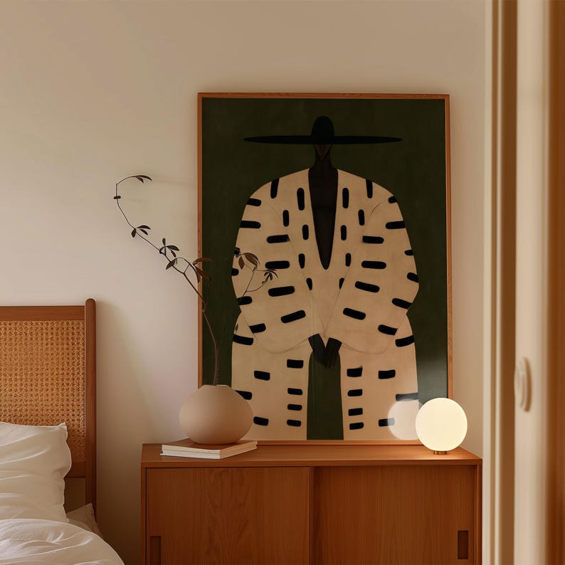Afrocentric Black male portrait wall decor in a minimalist illustration style with earthy olive green, beige and black tones.