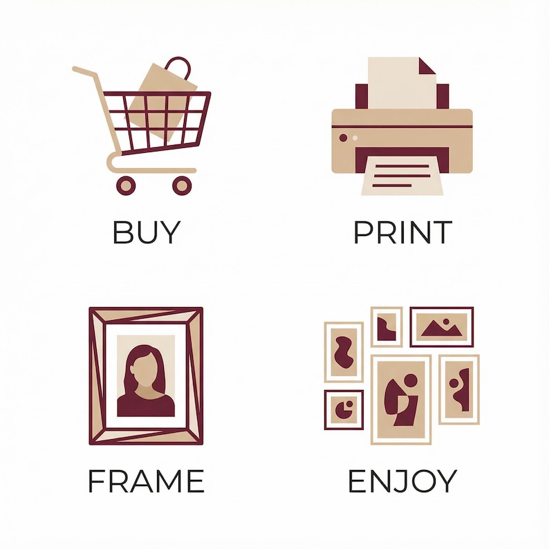 May include: An illustration with four panels. The top left shows a shopping cart with a bag, labeled "BUY." The top right depicts a printer with paper, labeled "PRINT." The bottom left shows a framed portrait, labeled "FRAME." The bottom right shows framed art, labeled "ENJOY."