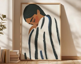 Stampa con illustrazione astratta di donna, arte accogliente e rilassante, decorazione murale moderna e minimalista, download digitale.