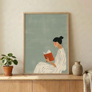 Sage Green Digital Minimalist Woman Reading Art Print Modern Calm Wall Decor