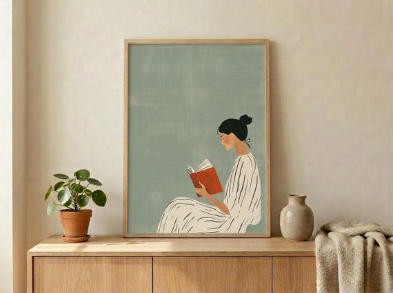 Sage Green Digital Minimalist Woman Reading Art Print Modern Calm Wall Decor
