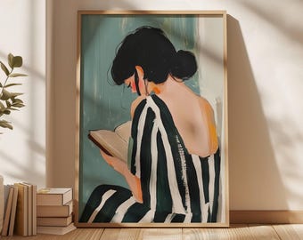 Stampa artistica da parete astratta minimalista verde salvia raffigurante una donna che legge