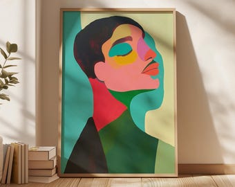 Stampa di ritratto maschile astratto e colorato, arte murale moderna e maschile, illustrazione di un volto contemporaneo, arte espressionista audace, download digitale