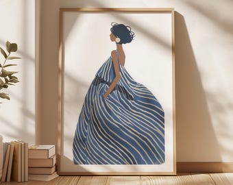 Stampa di donna in stile costiero, quadro con abito a righe blu, decorazione minimalista per casa al mare, elegante stampa artistica costiera, download digitale
