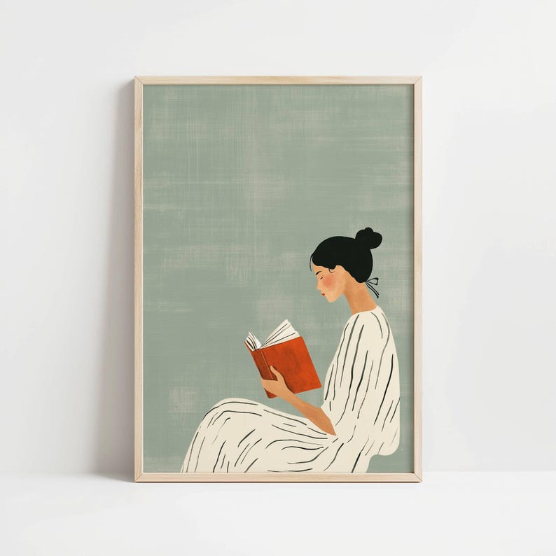 Sage Green Digital Minimalist Woman Reading Art Print Modern Calm Wall Decor