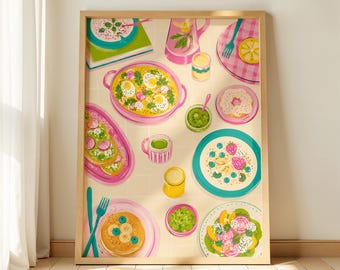 レトロな食べ物のフラットレイイラスト、印刷可能なキッチンウォールアート、明るくカラフルな朝食、ランチ、ダイニングルームの装飾、デジタルダウンロード 429