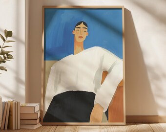 Stampa di ritratto maschile minimalista, arte murale moderna maschile, illustrazione di uomo contemporaneo, decorazione stampabile blu neutro, download digitale