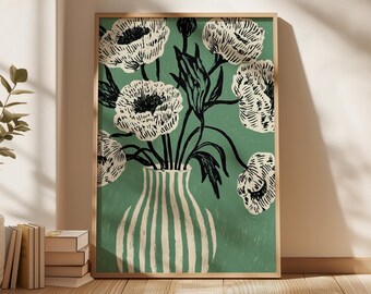 Stampa artistica da parete con vaso di fiori, illustrazione botanica minimalista, fiori verdi in stile vintage, arredamento scandinavo moderno.