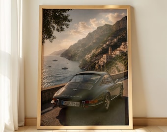 Stampa vintage Porsche, decorazione murale Costiera Amalfitana, fotografia di auto di lusso, download digitale