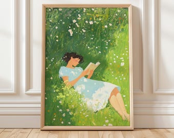 Stampa di una donna che legge in un prato, decorazione murale in stile cottagecore, dipinto di un campo di fiori selvatici, decorazione stampabile stravagante per amanti dei libri, download digitale
