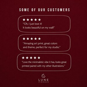 May include: A dark red graphic featuring the text SOME OF OUR CUSTOMERS at the top and the LUNE VISUALS logo at the bottom. Three white outlined boxes contain five-star ratings and customer reviews: Oh, I just love it! It looks beautiful on my wall!, Amazing art print, great colors and theme, perfect for my studio., and Love the minimalistic vibe it has, looks great printed paired with my other illustrations.