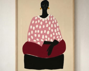 Figura seduta con maglione rosa, stampa artistica da parete, ritratto minimalista moderno, arte nera contemporanea, illustrazione piatta, download digitale 609