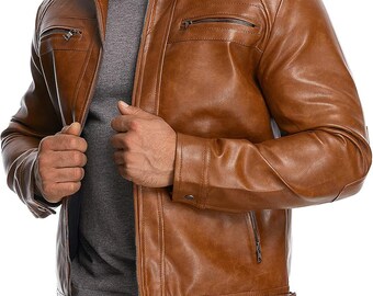 Men's Black Leather Biker Jacket: Asymmetrical Zip Motorcycle Style Coat with Zipper Pockets