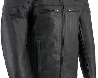 Men's Black Cowhide Leather Motorcycle Jacket with CE Protections