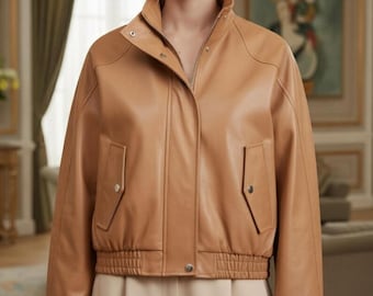 Brown Leather Bomber Jacket – Cropped Aviator Style Streetwear Coat
