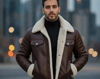 Men's Dark Brown Leather Shearling Trucker Jacket: Warm Aviator Biker Coat
