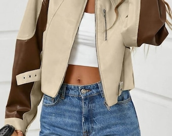 Women's Cowhide Leather Color Block Bomber Jacket, Retro Biker Style Coat