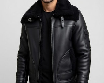 Men's Black Shearling Aviator Leather Jacket, Fur Collar Bomber Style Coat