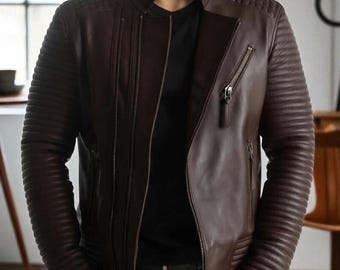 Men's Genuine Sheep Leather Biker Jacket - Slim Fit Real Sheepskin Motorcycle Café Racer Jacket