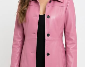 Pink Sheep Leather Trench Coat Women Long Pink Lambskin Jacket Double Breasted
