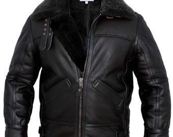 Men's Black Sheepskin Shearling B3 Aviator Bomber Jacket - Real Leather Flying Coat