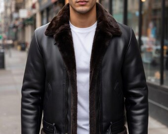 Men's Black Sheep Leather Bomber Jacket | Brown Shearling Collar Aviator Flight Jacket