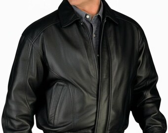 Distressed Black Leather Bomber Jacket – Classic Aviator Style, Men's American Fit Sheep Leather