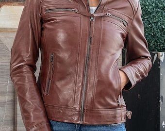 Women's Quilted Lambskin Leather Jacket – Cafe Racer Biker Style Outerwear