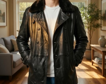 Men's Genuine Leather Long Coat with Fur Collar - Double Breasted Winter Jacket for Men