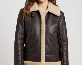 Women's Reversible Shearling Aviator B3 Sheepskin Leather Jacket Bomber Coat