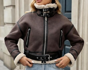 Dark Brown Sheep Leather Jacket, Sherpa Lined Hood, Fitted Moto Biker Coat