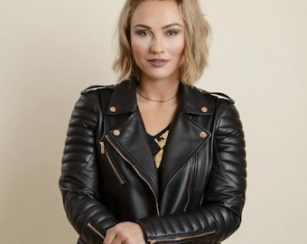 Women's Genuine Sheep Leather Biker Jacket – Quilted Moto Style Rose Gold Zippers