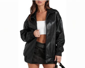 Oversized Black Leather Bomber Jacket: Lambskin Streetwear Style