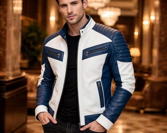 Men's Real Cowhide Leather Motorcycle Jacket White Blue Biker Moto Coat