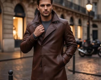 Men's Brown Genuine Leather Double-Breasted Quilted Shoulder Coat