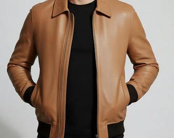 Men's Tan Genuine Leather Bomber Jacket – Real Lambskin Aviator Coat