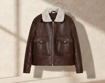 Brown Leather Aviator Jacket with Faux Shearling Collar, Winter Bomber Coat