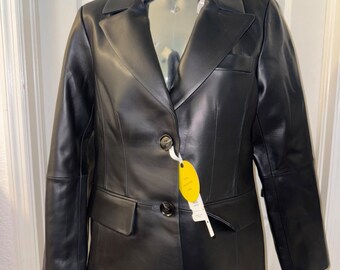 Women's Genuine Leather Blazer | Classic Notched Lapel Tailored Office Coat Casual Style,Vent Detail