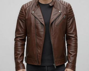 Men's Brown Lambskin Leather Biker Jacket: Asymmetrical Zip Motorcycle Style Coat