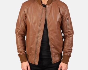 Men's Brown Real Sheepskin Leather Bomber Jacket - Handmade Zip Up Casual Jacket for Men