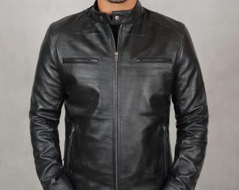 Men's Genuine Sheep Leather Biker Jacket – Slim Fit Moto Style