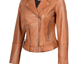 Women's Genuine Lambskin Leather Slim Fit Biker Jacket | Caramel Brown Lightweight Coat